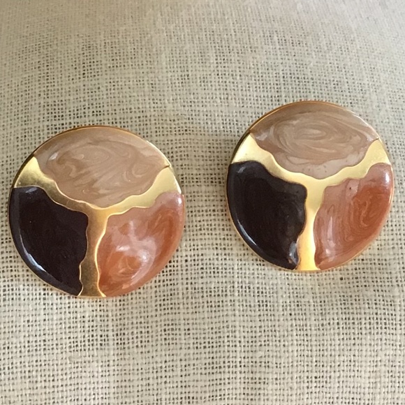 Vintage 80’s Earthy & Gold Tone Pierced Earrings Round Lightweight - Picture 3 of 16